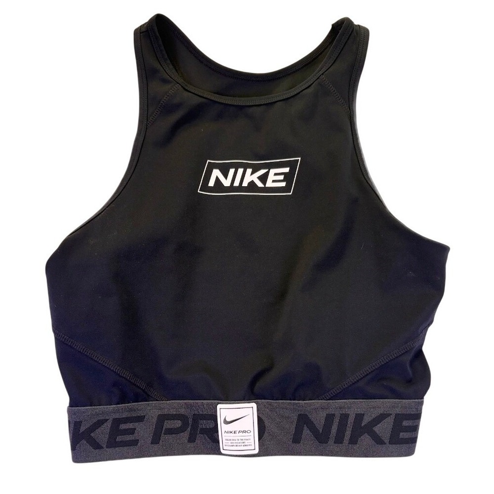 Nike Pro Dri-FIT Women Black High Neck Racerback Sports Bra Crop Top Medium